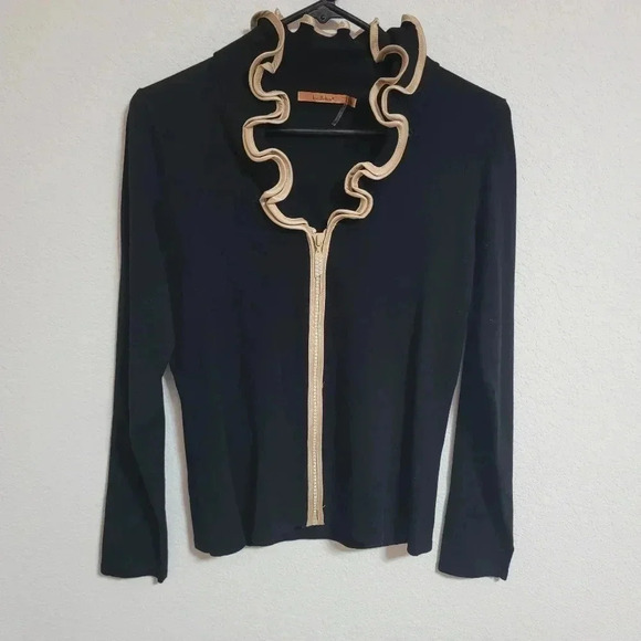 Belldini Gold Piping Ruffle Collar Rhinestone Zip Up Sweater - Picture 1 of 6
